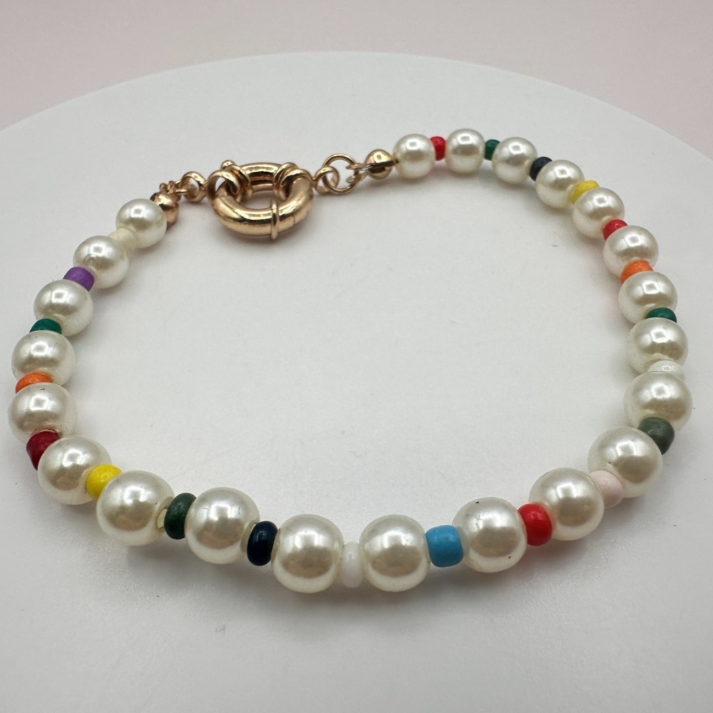 Vintage 90s Gold Tone Faux Pearl Beaded Bracelet Women's Jewelry